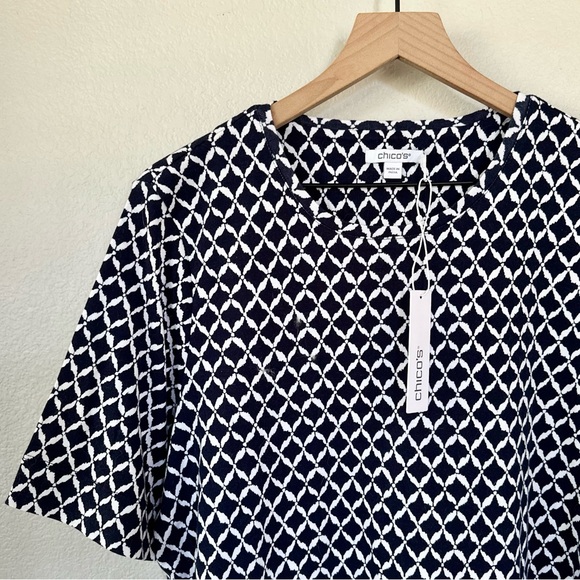 CHICO’S NWT XL 3 Cool Ikat Cotton Crew Neck Tee • Diamond Print Classic Navy - Picture 2 of 12
